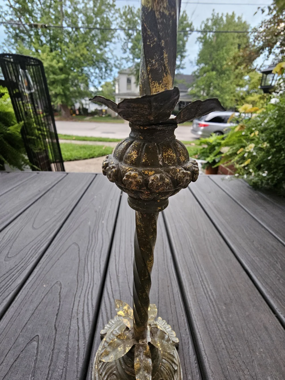 Vintage Hollywood Regency Tall Cast Metal Candlestick Holder Ornate Gold Patina